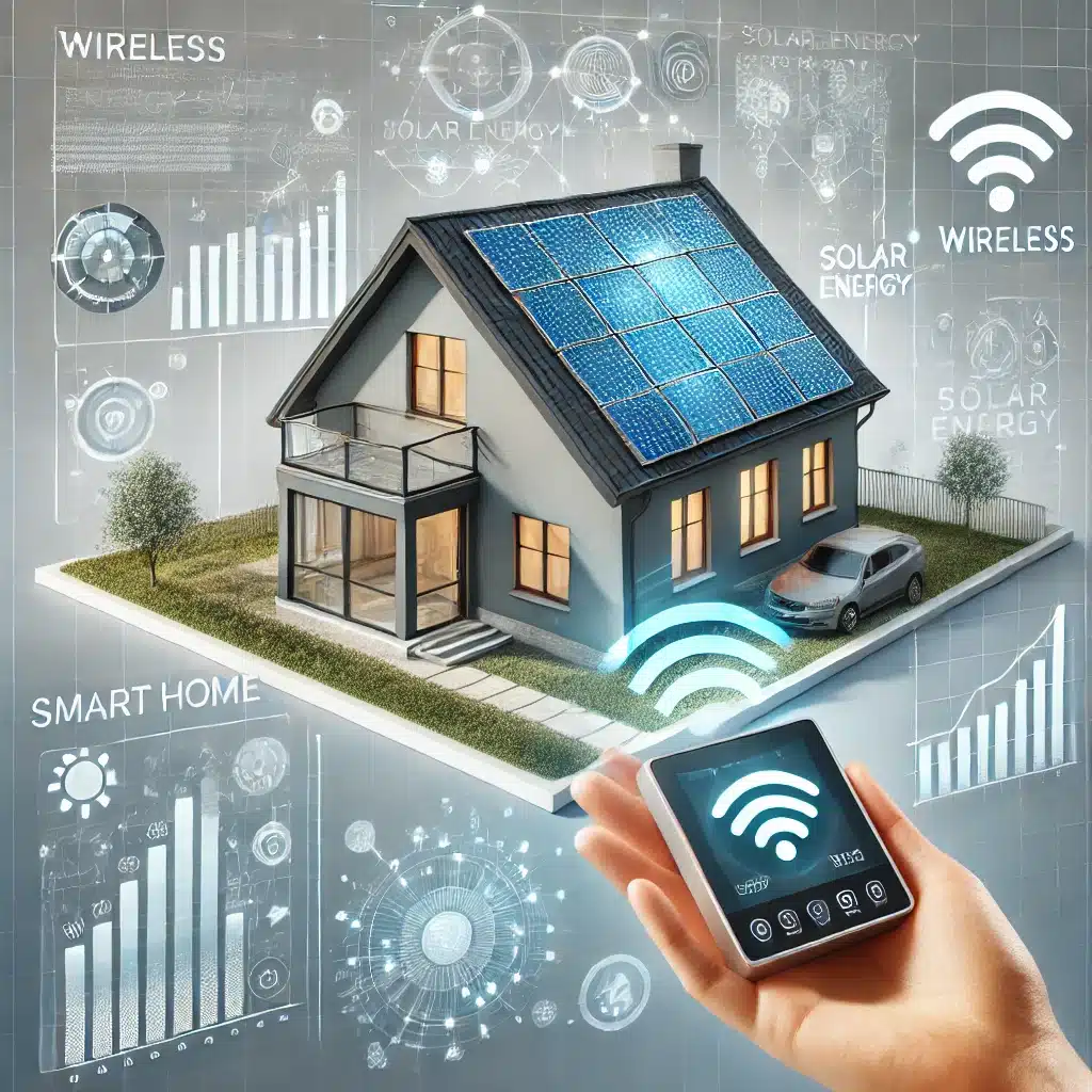 DALL·E 2024-11-05 09.02.02 - A modern and sleek illustration of a Wireless Solar Energy Management system. The image should feature a smart home environment with solar panels on t